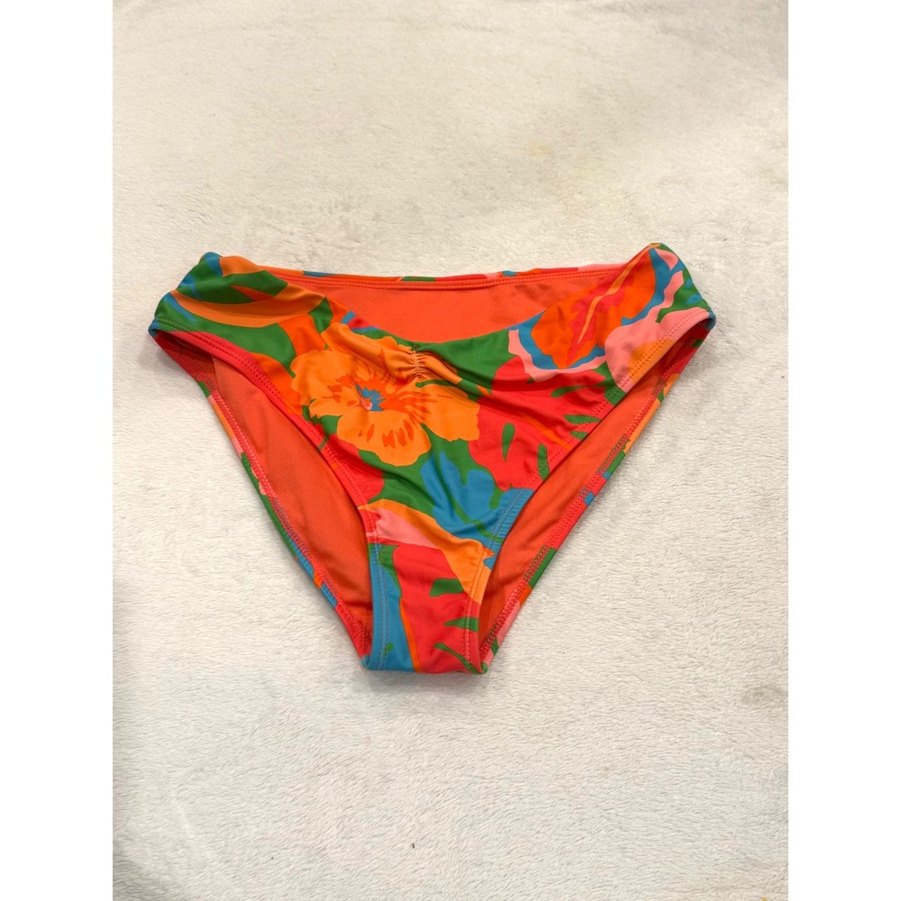Forever 21 Womens Tropical Floral Ruched Bikini Bottoms Orange Green Large